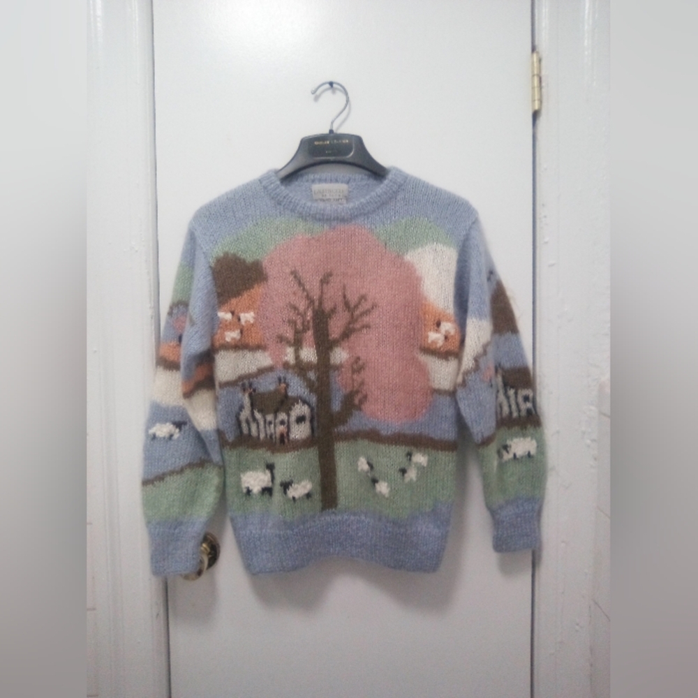 Vintage Pastel Mohair Pastoral Barn Sheep Hand Knitted Sweater Sz Medium